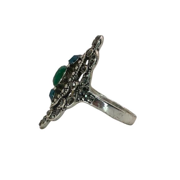 Silver and Green Rhinestone Statement Ring - Size 6.5 - Picture 4 of 7